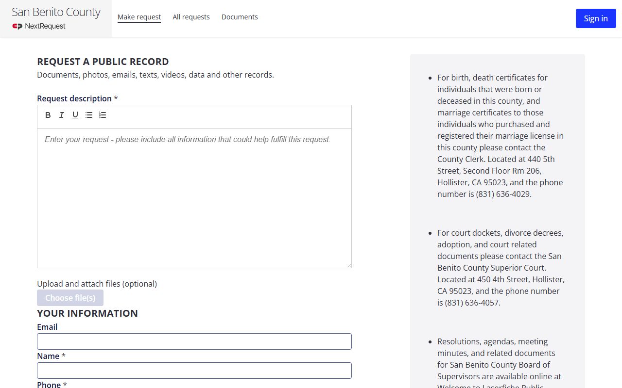 San Benito County inmate records public records request form